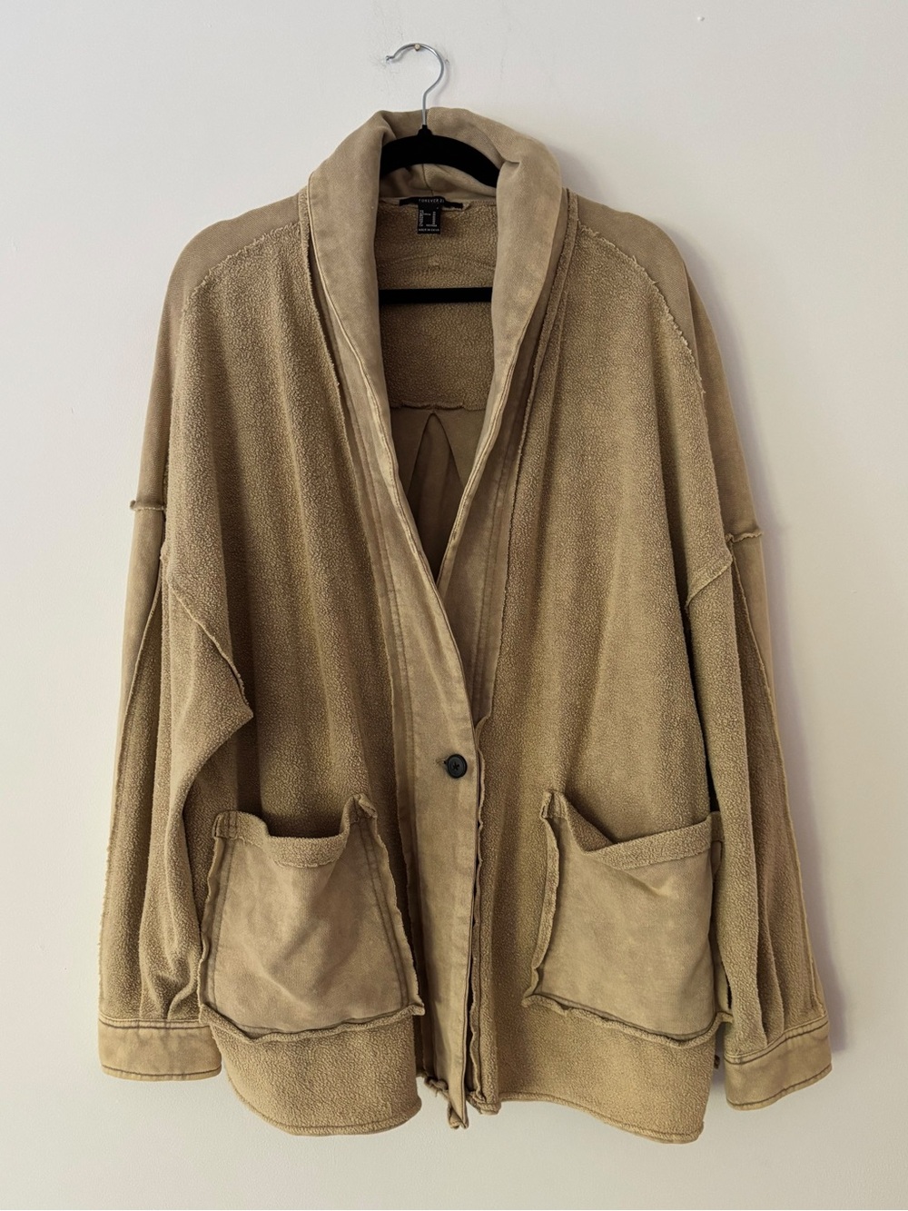 Forever 21 Women's Oversized Shawl Collar Shacket Jacket Raw Edge Washed Tan M